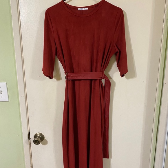 Faux Suede Zara Midi Brick-Red Dress With Belt - Picture 2 of 9